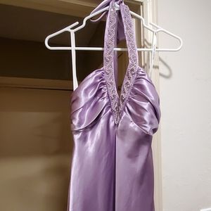 Elegant lavender sequin halter neck prom gown